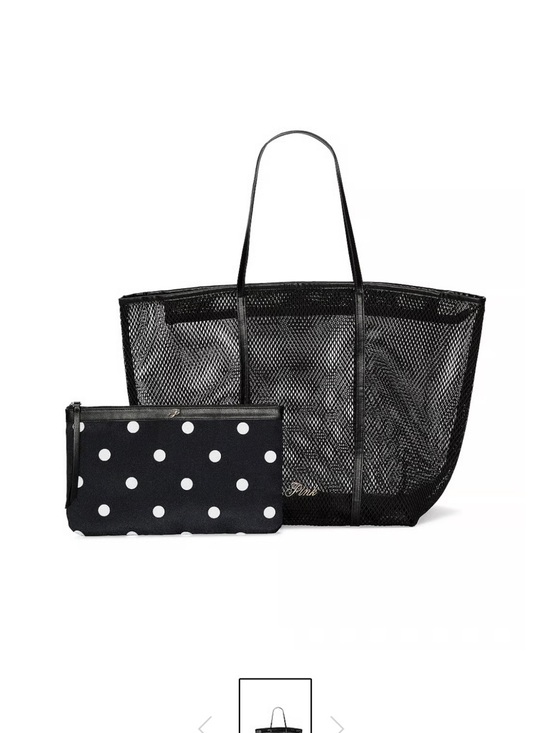 PINK Victoria's Secret Handbags - Black Mesh Tote with Polka Dot Pouch - Stylish Everyday Carry